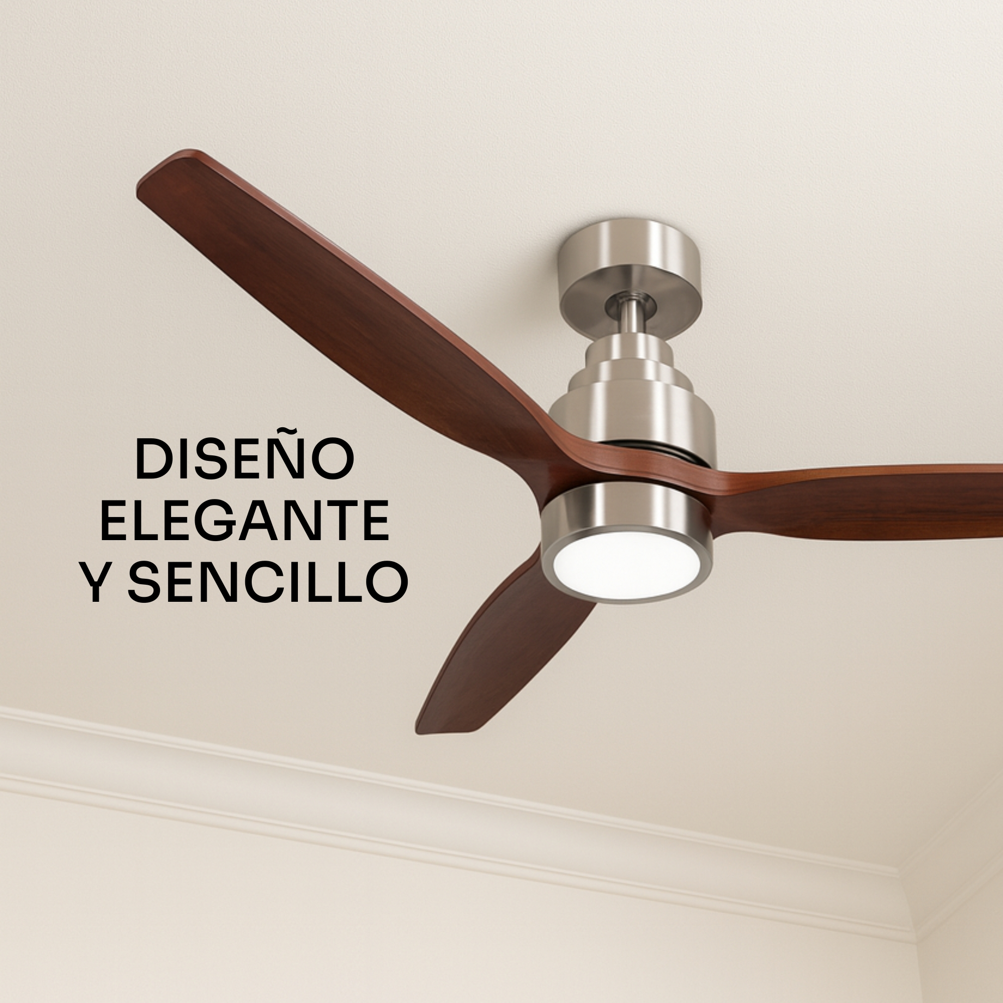 Ventilador de techo moderno con tres aspas de madera y luz LED integrada.