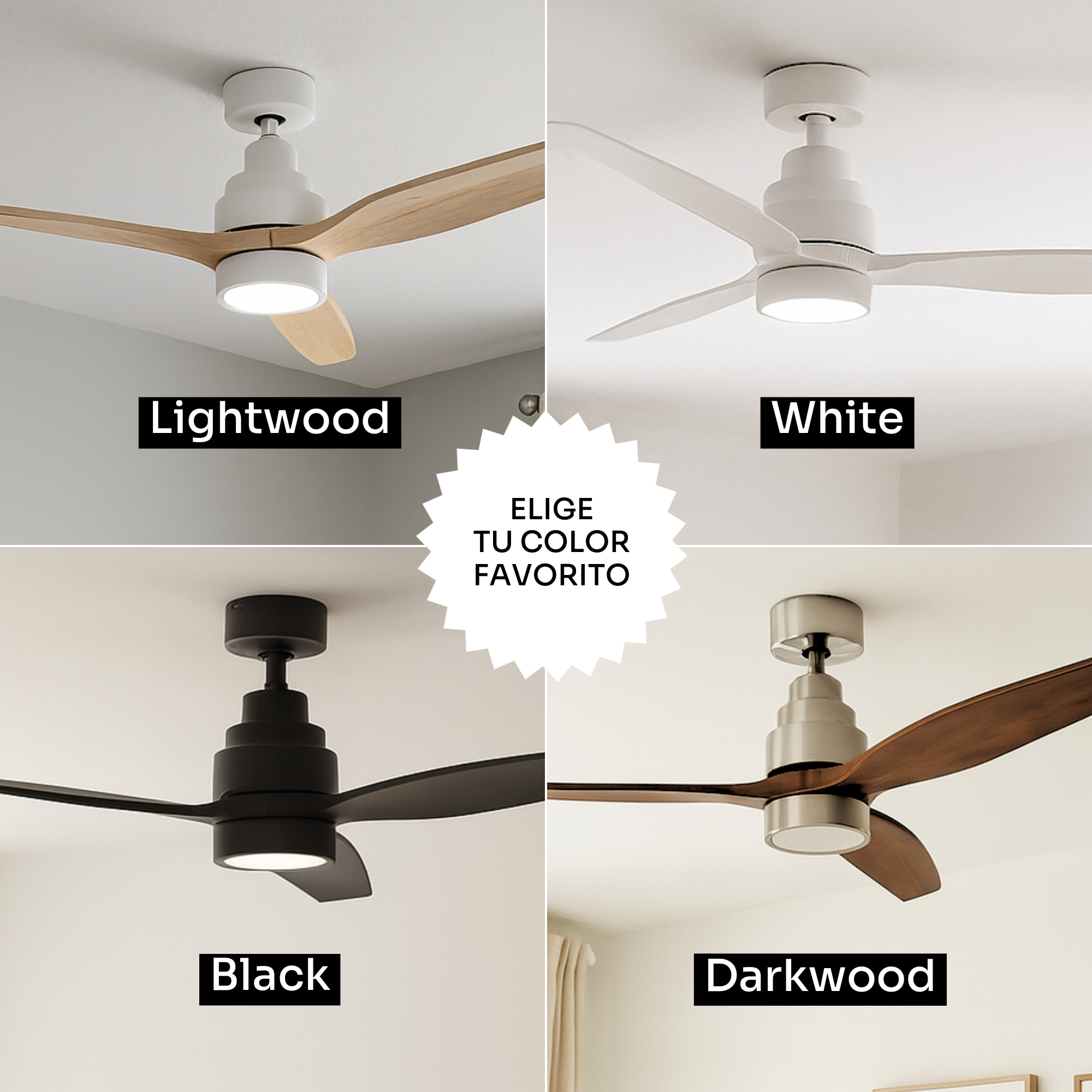 Cuatro ventiladores de techo en acabados de madera clara, blanco, negro y madera oscura.