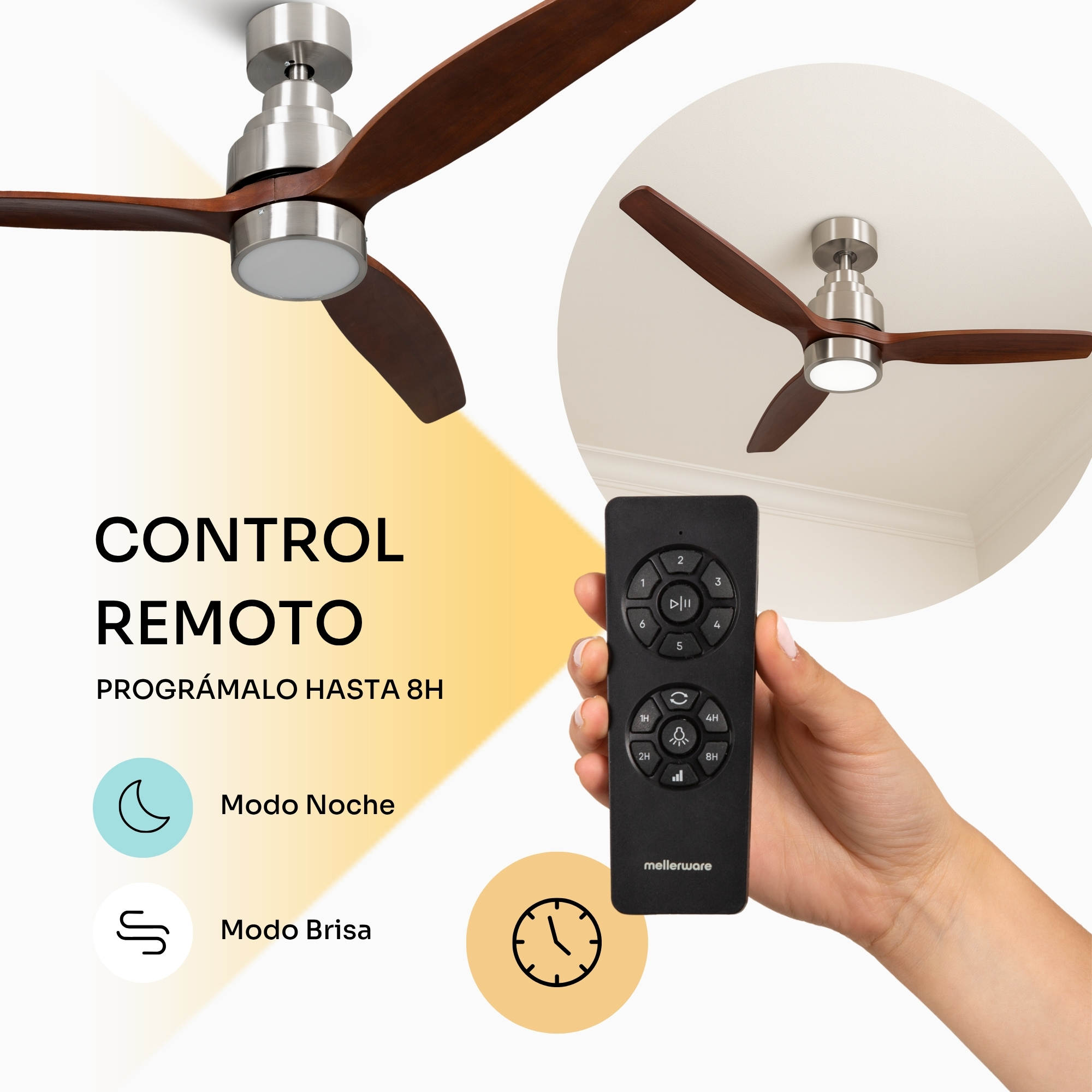 Ventilador de techo con mando a distancia y opciones de temporizador.
