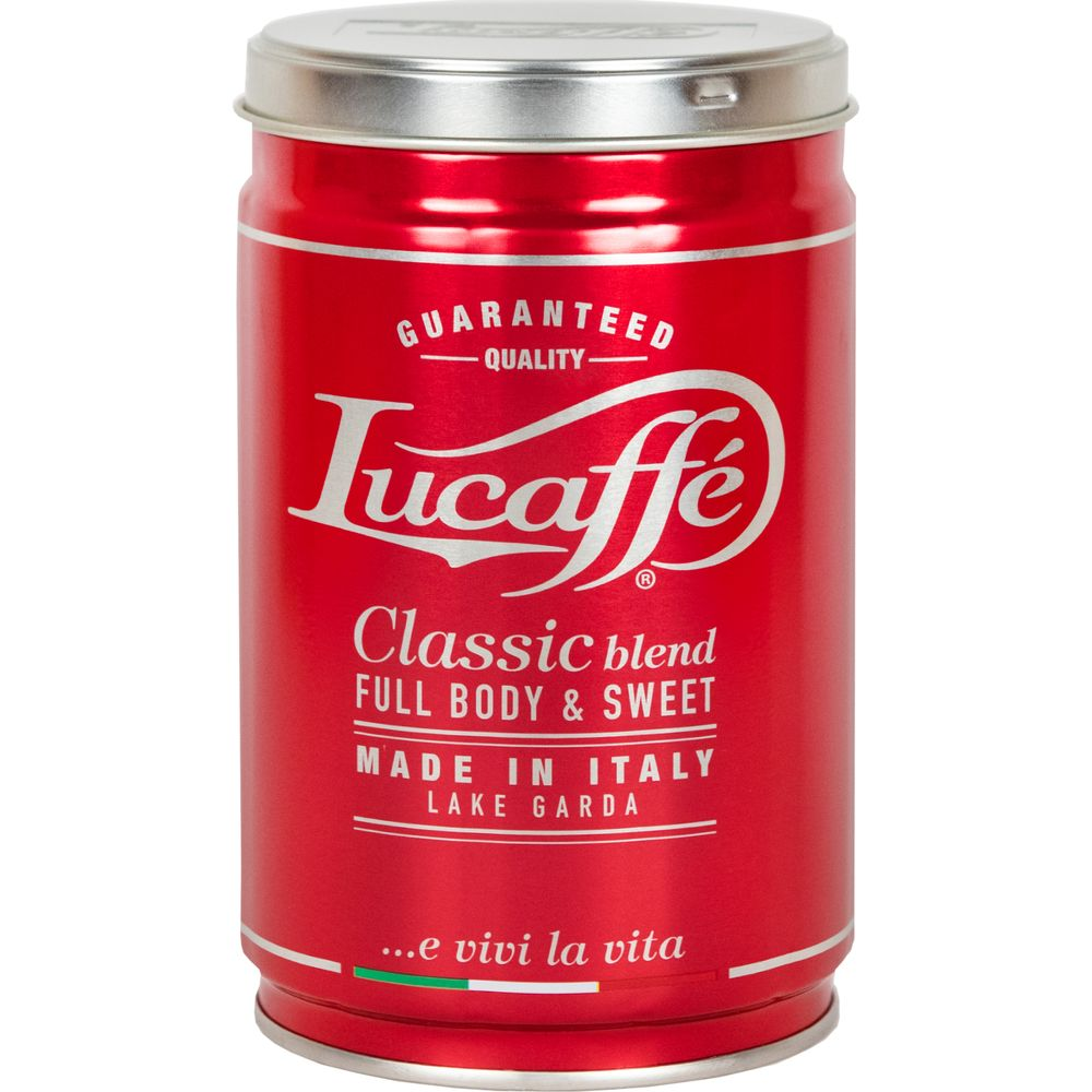 Rote Kaffeedose mit silbernem Deckel und Aufschrift 'Lucaffé Classic blend'.