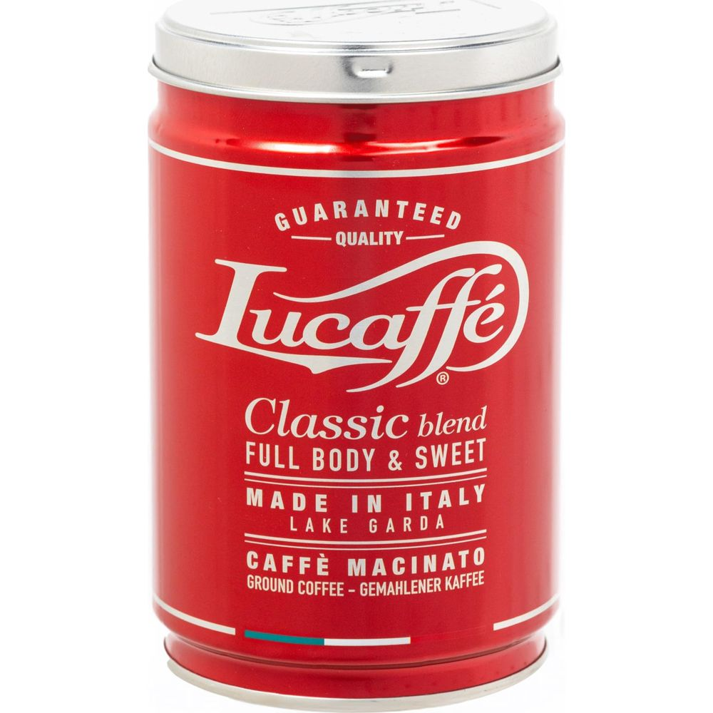 Rote Dose mit Lucaffé Kaffee. Beschriftet mit 'Classic blend'.