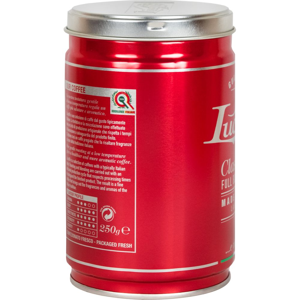 Lattina di caffè rossa con coperchio argentato e testo italiano. 250g.