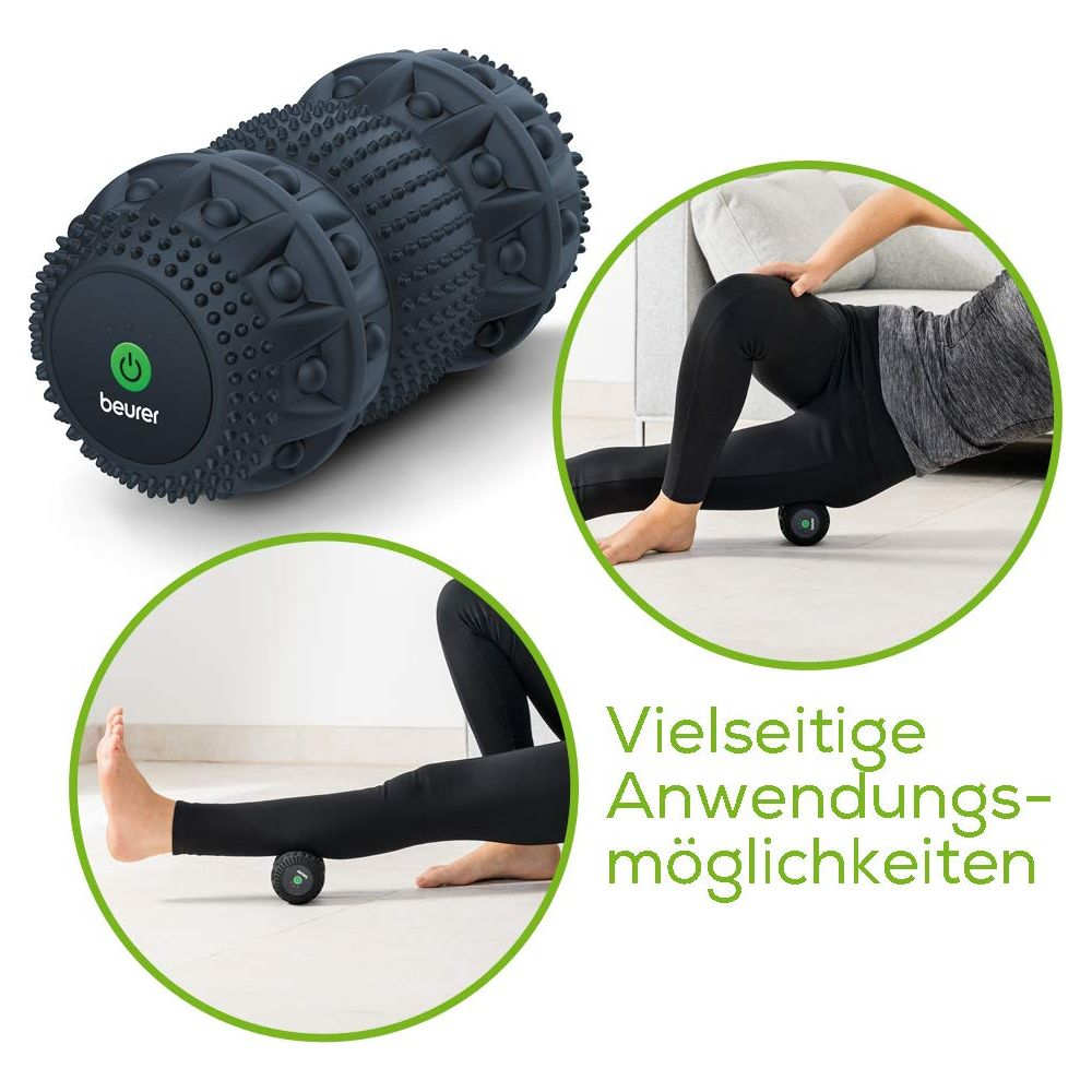 Ein dunkler Massageball mit Noppen und ein Beurer-Logo auf dem linken Bild.
