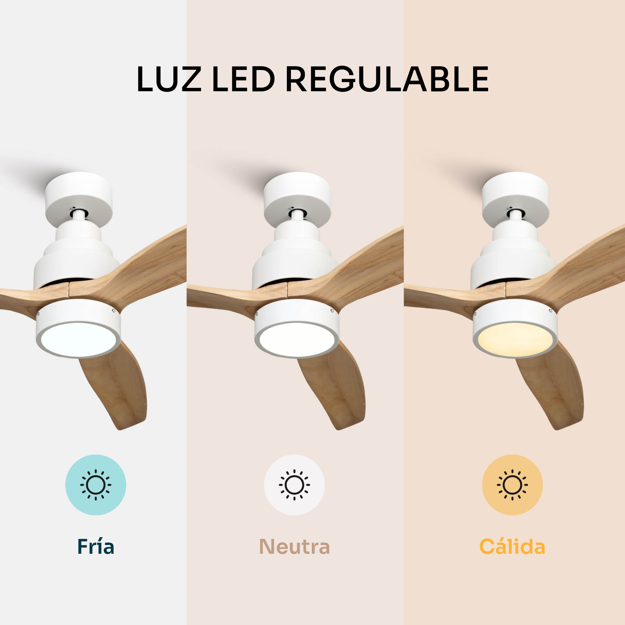 Ventilador de techo con tres aspas de madera y luz LED en tres temperaturas.