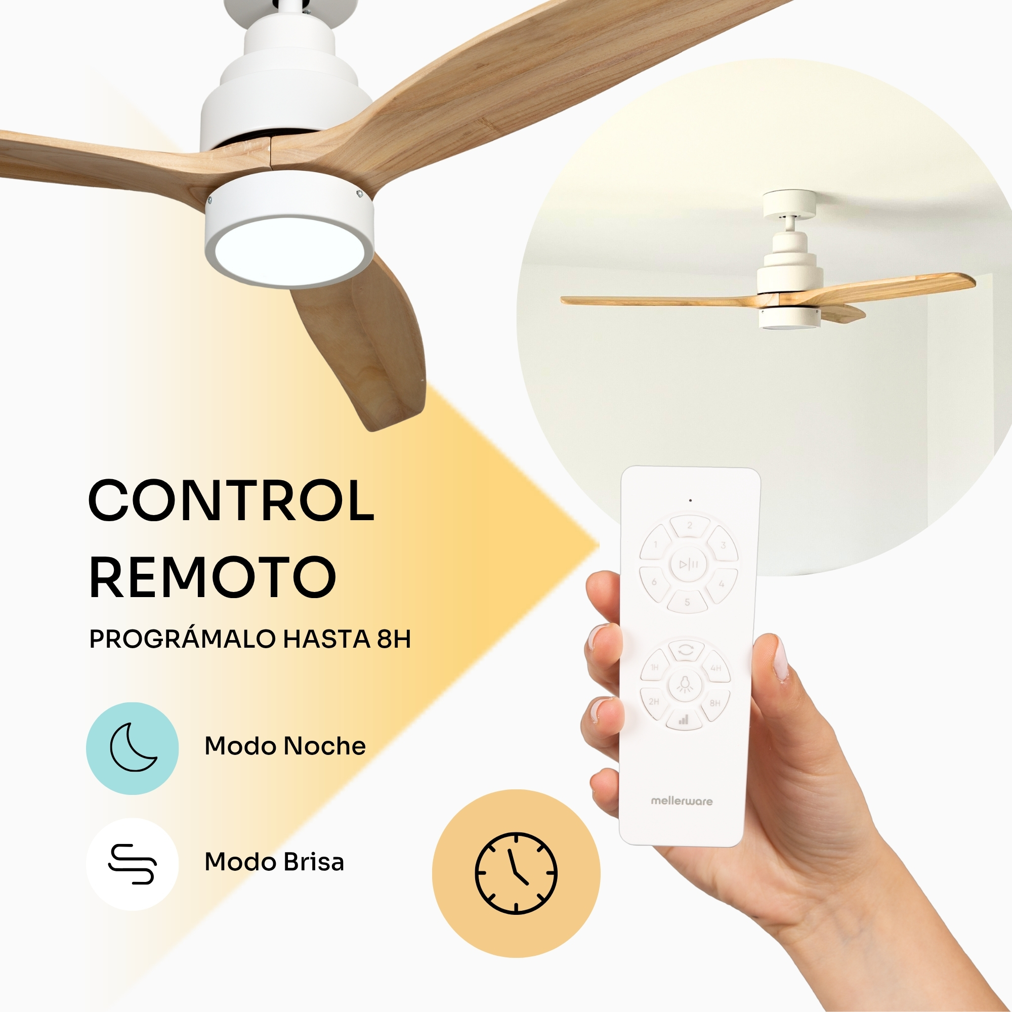 Ventilador de techo con aspas de madera y mando a distancia mostrando modos noche y brisa.
