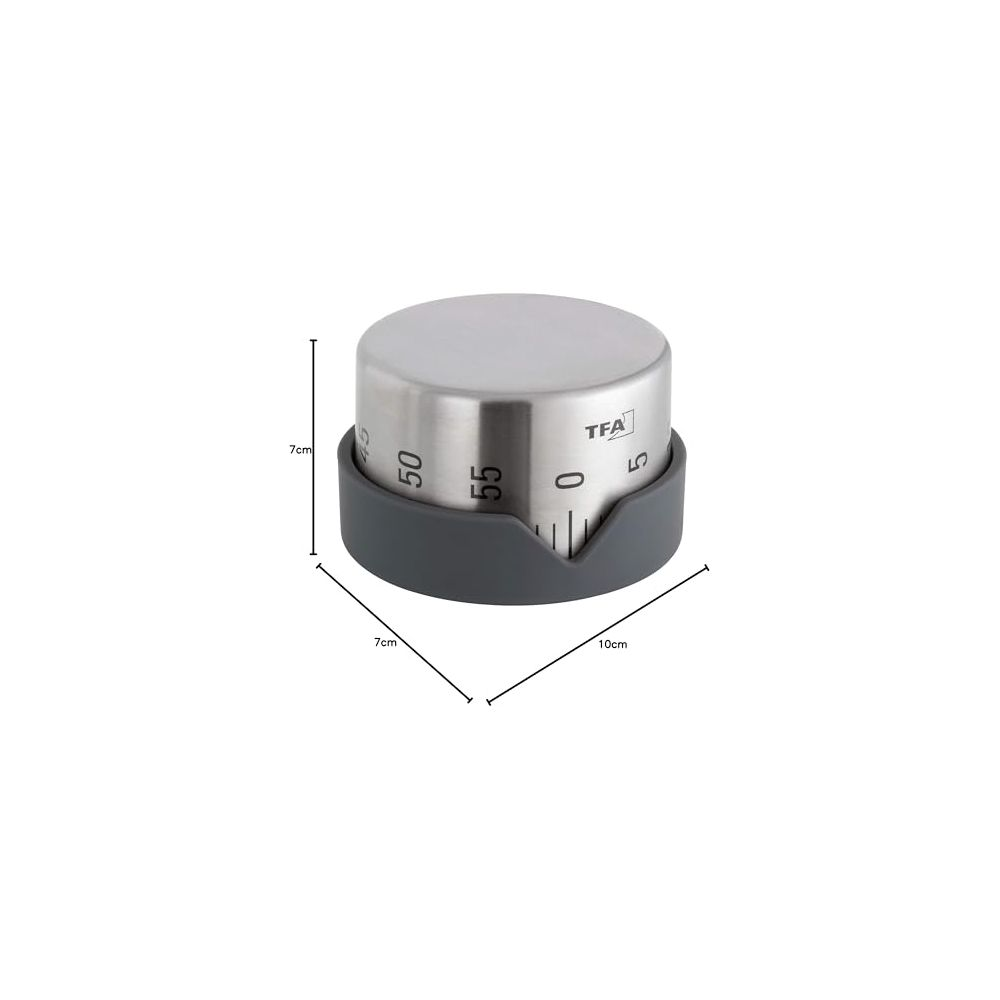 Silberner Timer mit grauer Basis, Maße 7x10cm.