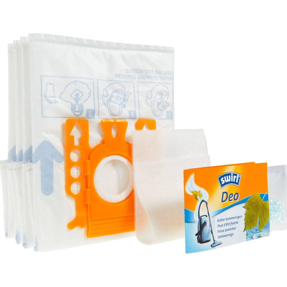 Ein Paket Staubsaugerbeutel mit orangefarbenem Anschluss und Duftpads.