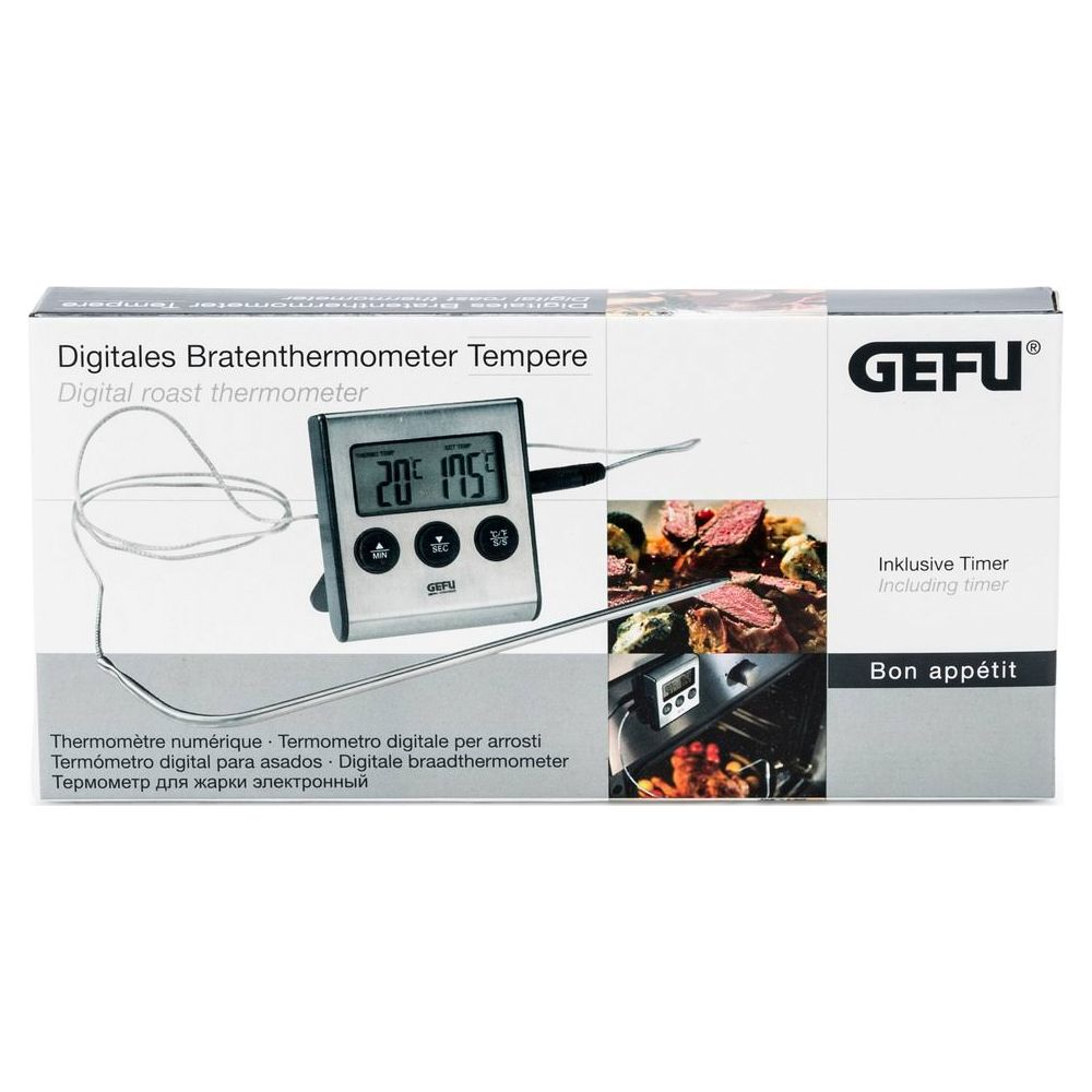Verpackung eines digitalen Bratenthermometers von GEFU mit Bildern von Fleisch.