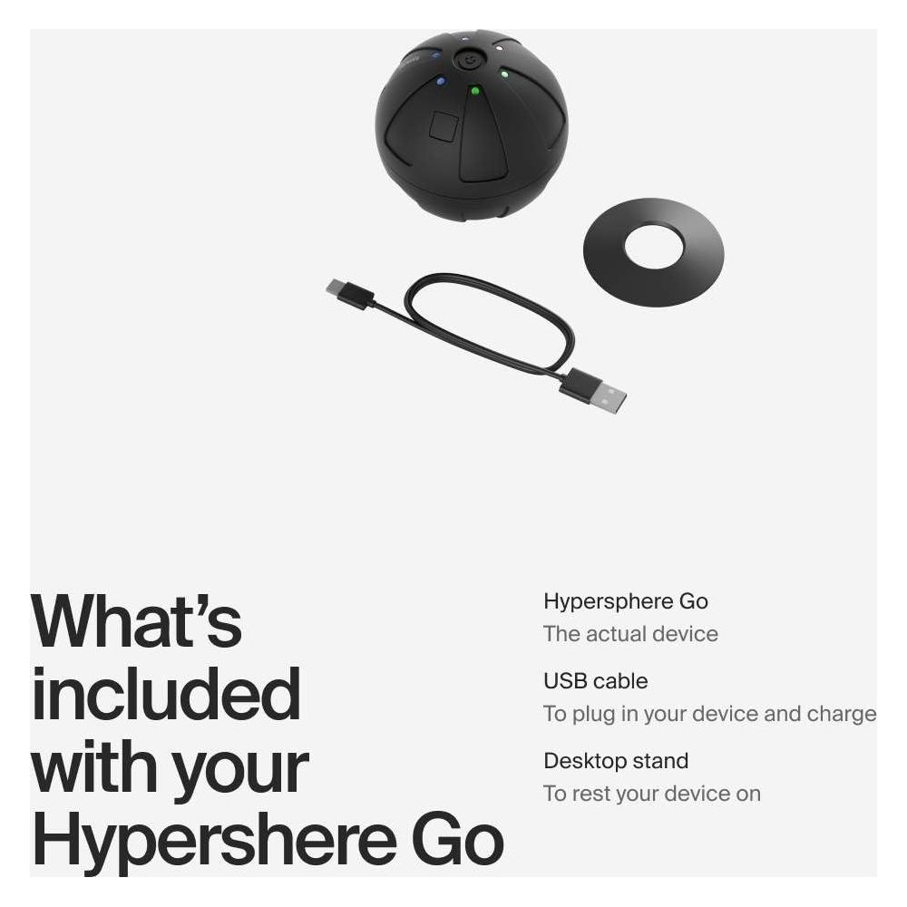 Hypersphere Go, USB-Kabel und Desktop-Ständer auf weißem Hintergrund.