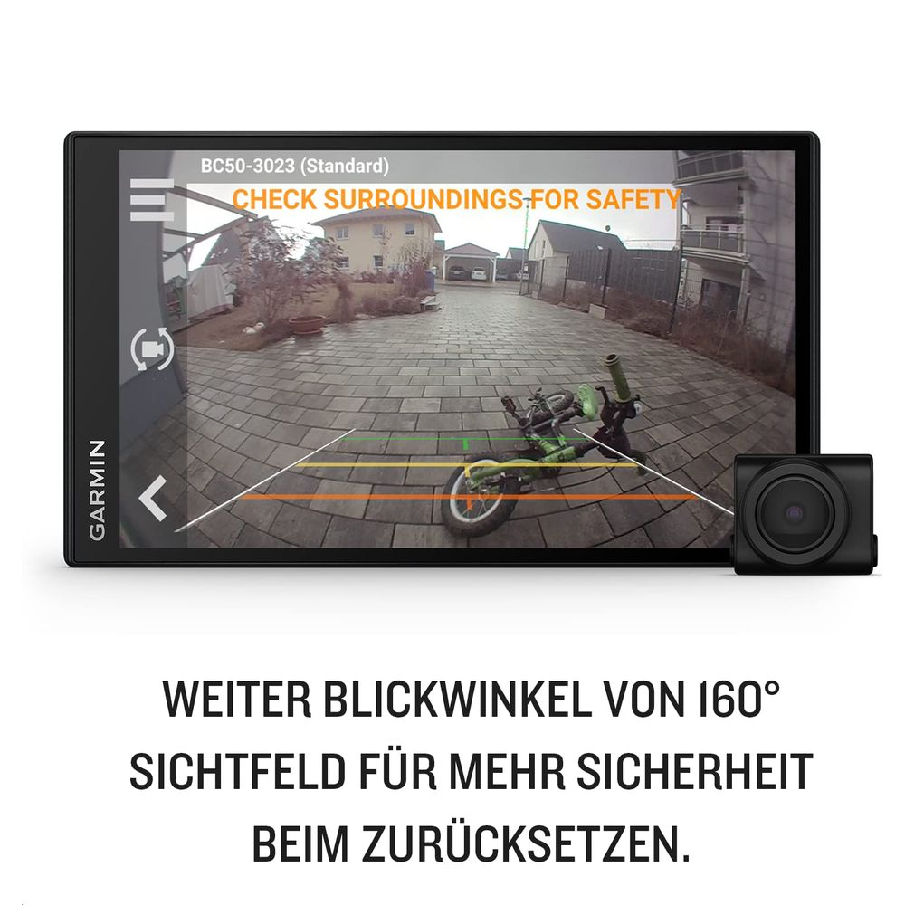 Écran Garmin affiche vue caméra recul cour avec vélo.