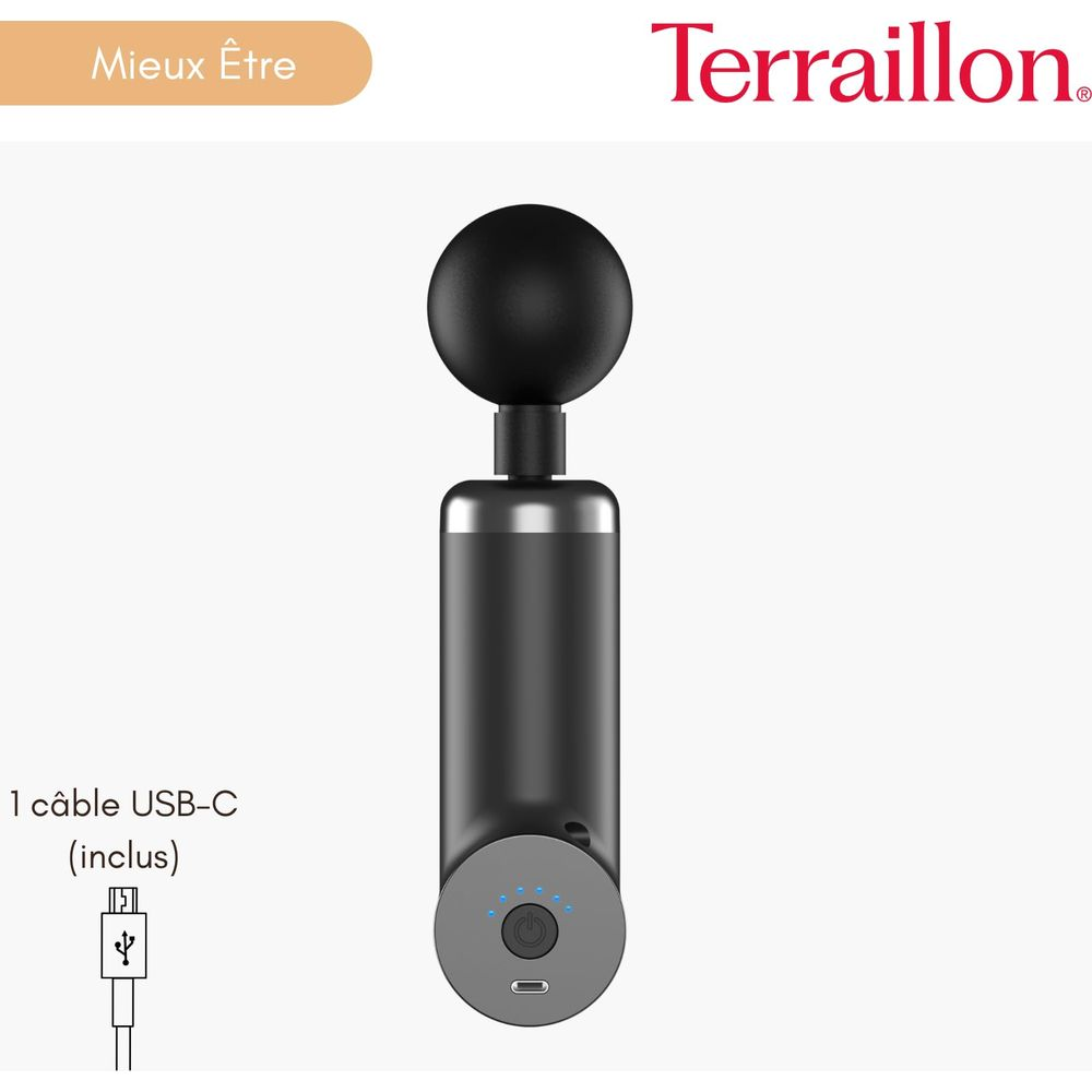 Pistola massaggiante nera con punta a sfera e cavo USB-C.