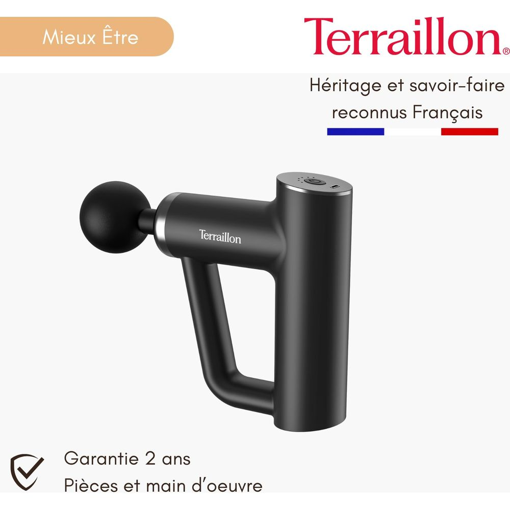 Pistola massaggiante nera con garanzia di 2 anni e retaggio francese.