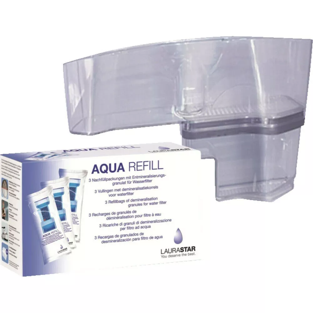 Opakowanie LAURASTAR Aqua Refill z trzema wkładami z granulatem i pojemnikiem na filtr wody.