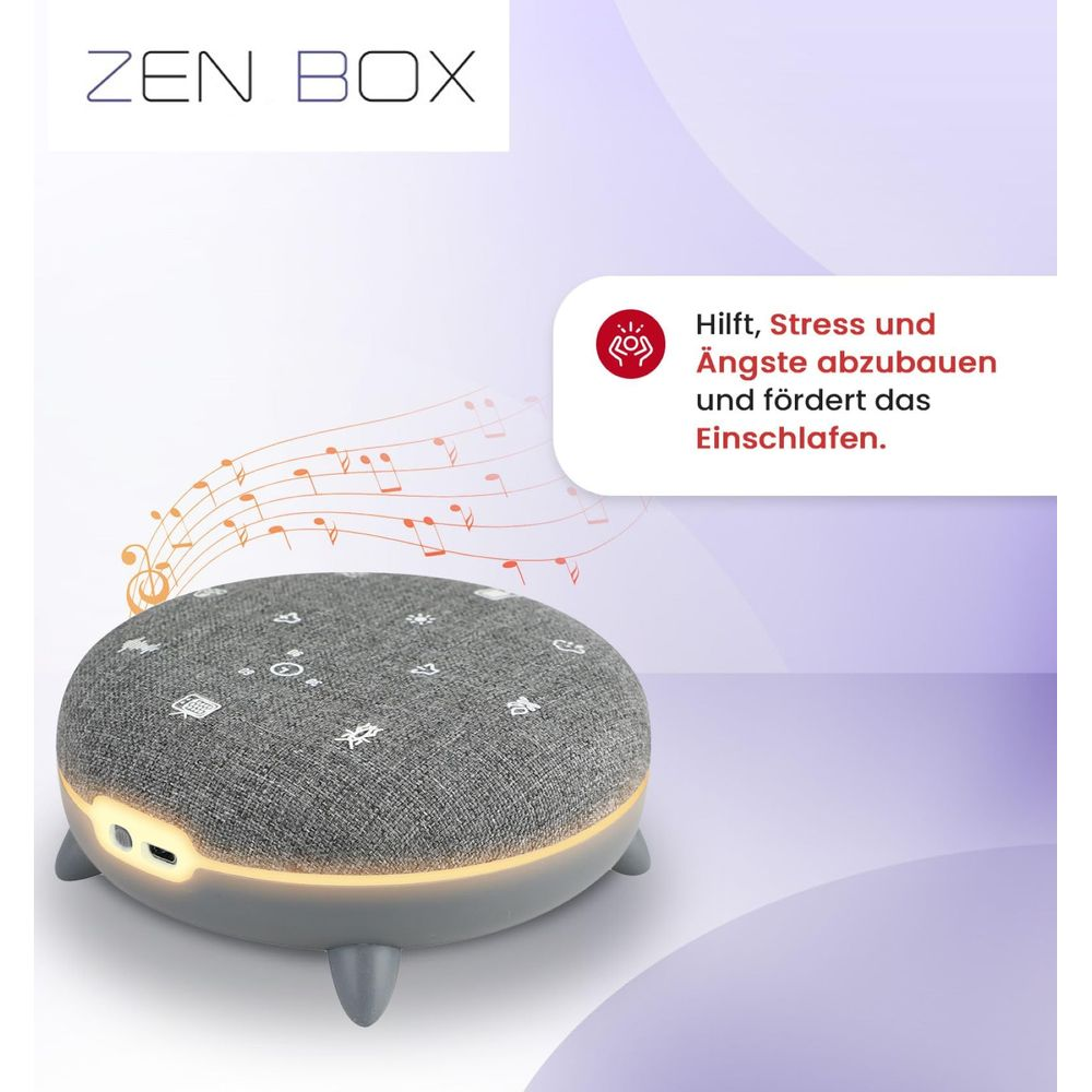 Altoparlante da sonno ZEN BOX grigio con note musicali e descrizione in tedesco.