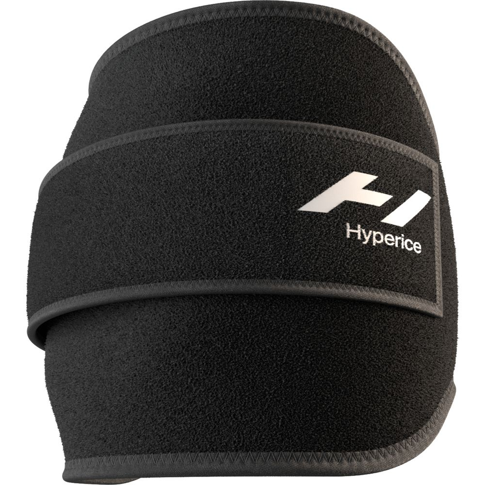 Schwarzer, gepolsterter Knieverband mit Klettverschluss und weißem Hyperice-Logo.