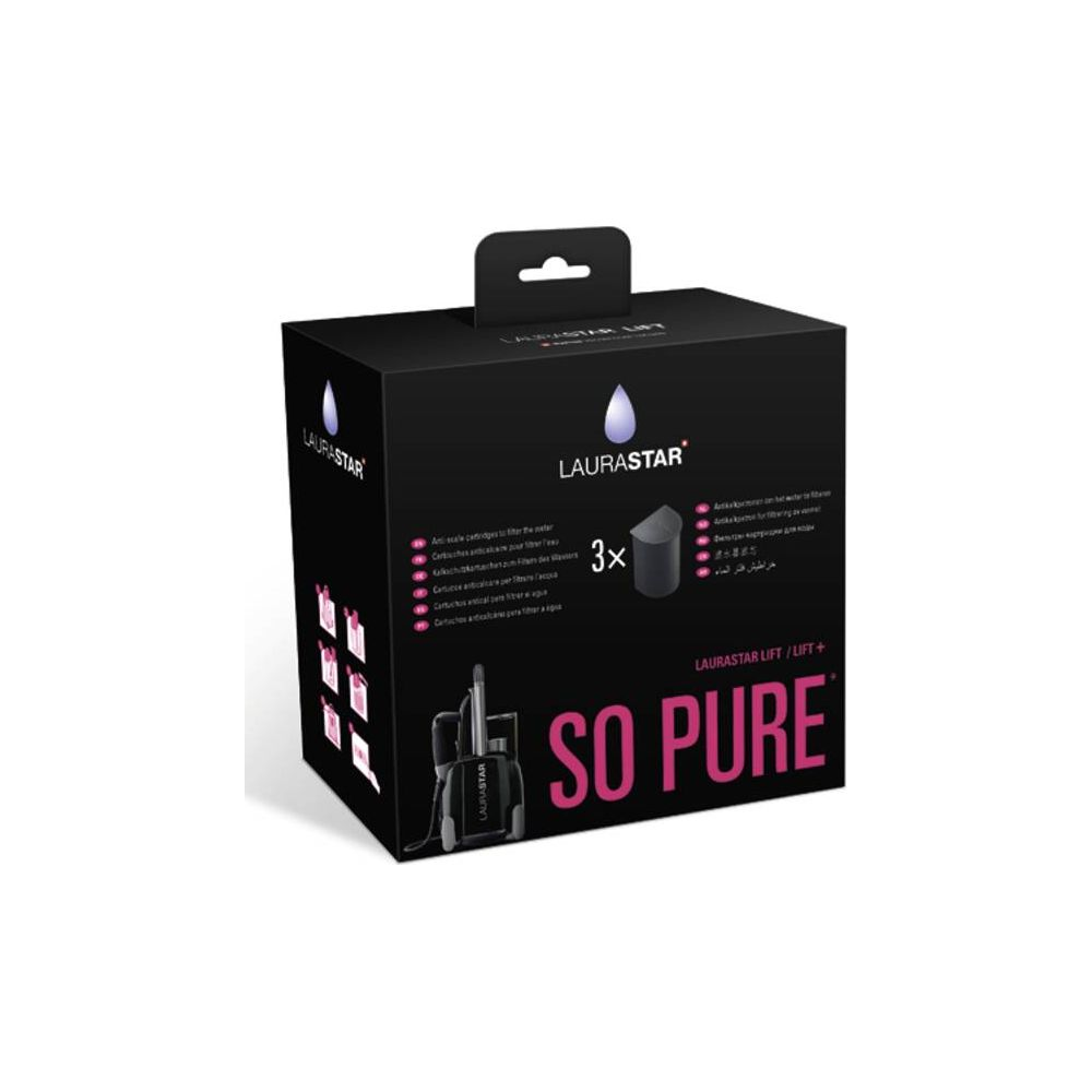 Verpackung mit LAURASTAR Anti-Kalk-Filterkartuschen, 'SO PURE'.