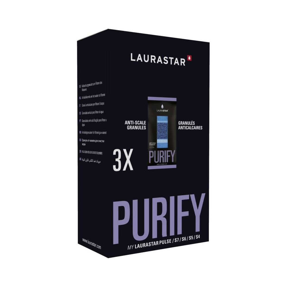 Opakowanie granulatów "Purify" Laurastar zapobiegających kamieniowi z opisem wielojęzycznym.