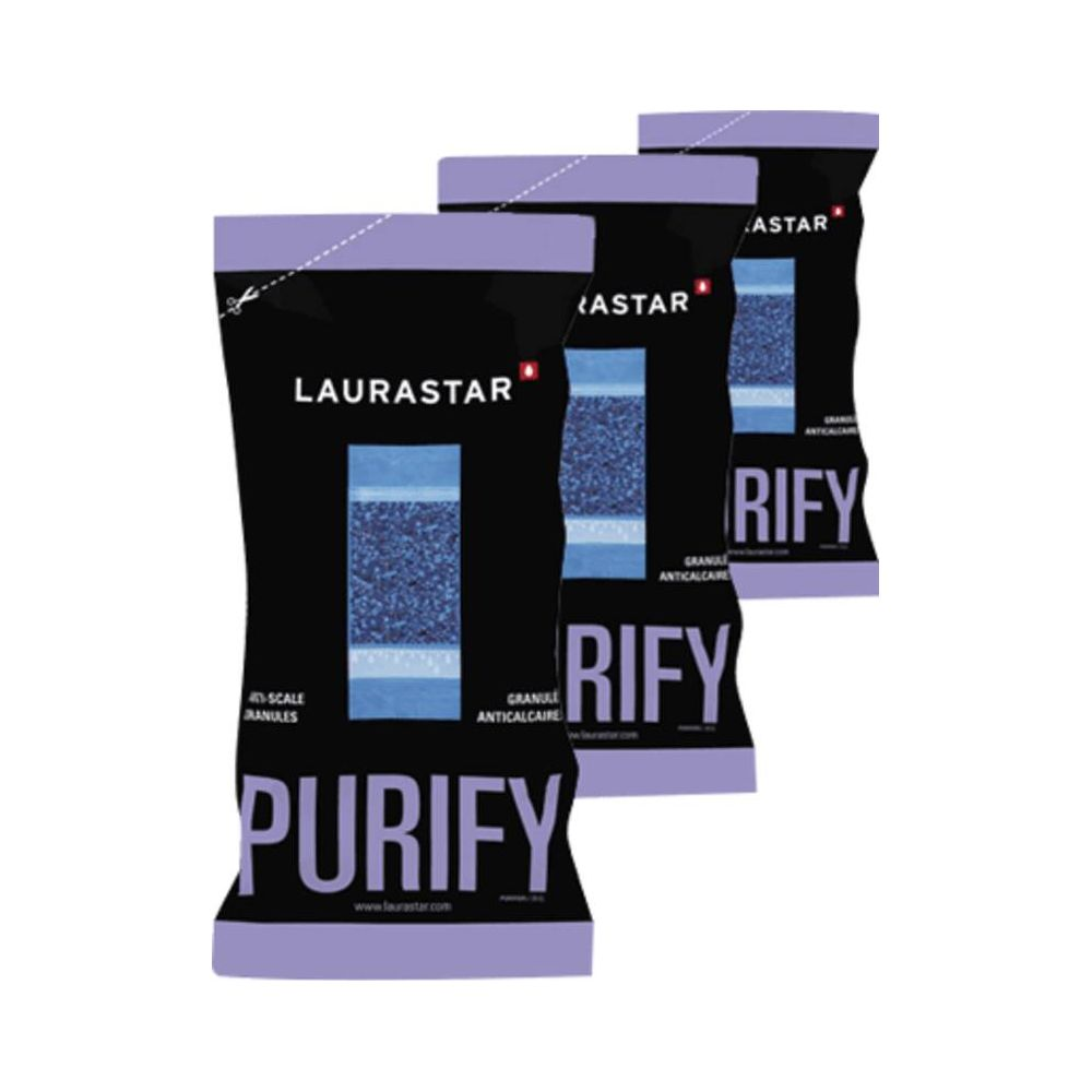 Trzy czarne worki granulek antywapiennych Laurastar Purify z niebieskimi plamkami.