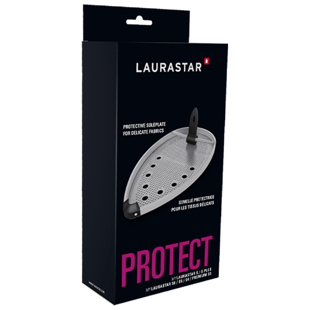 Laurastar Schutzsohle für empfindliche Stoffe auf schwarzer Verpackung.