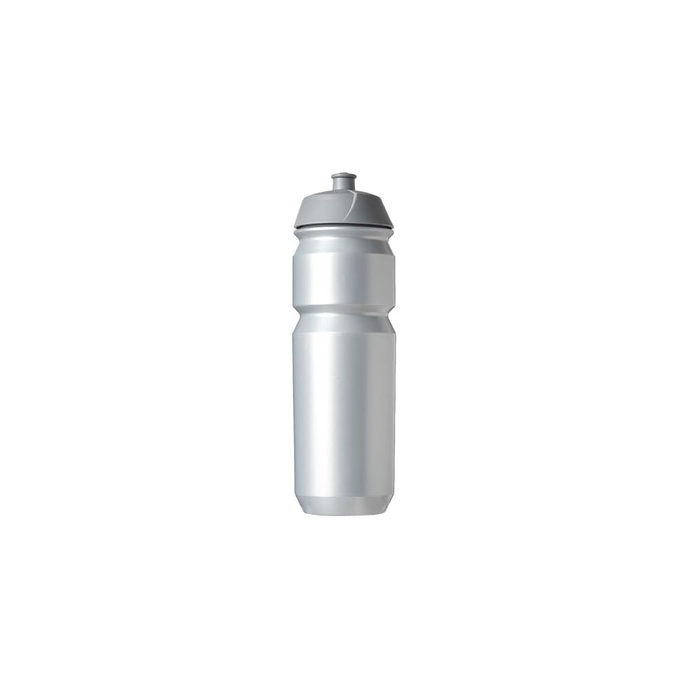 Eine silberne Trinkflasche mit grauem Deckel.