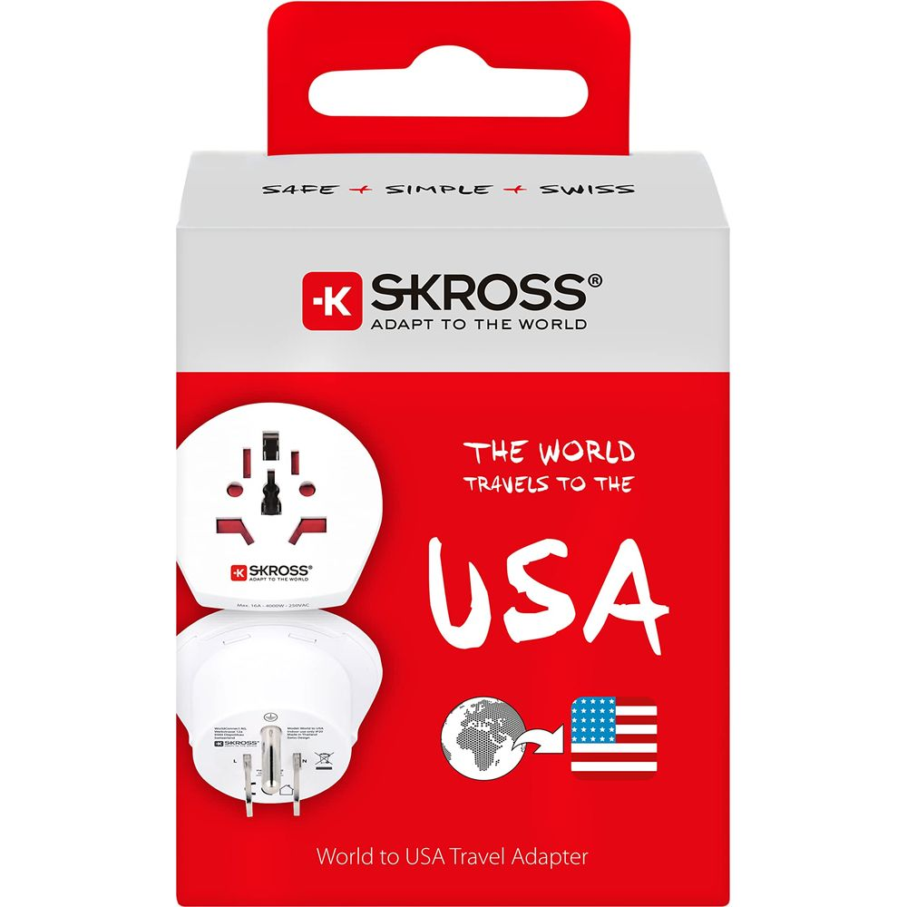 Embalaje del adaptador de viaje SKROSS Mundo a EE. UU. con detalles.