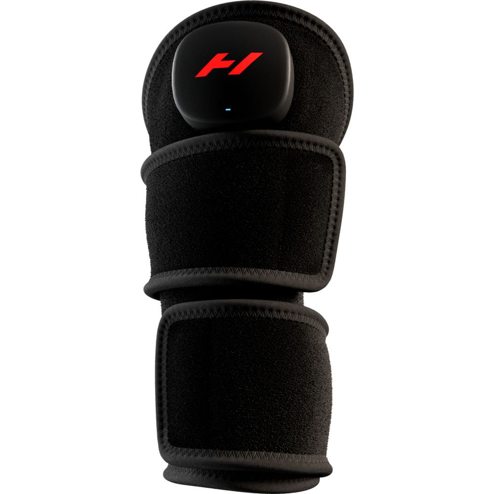 Schwarze Kniebandage mit einem schwarzen elektronischen Modul, rotem H-Logo und blauer Leuchte.
