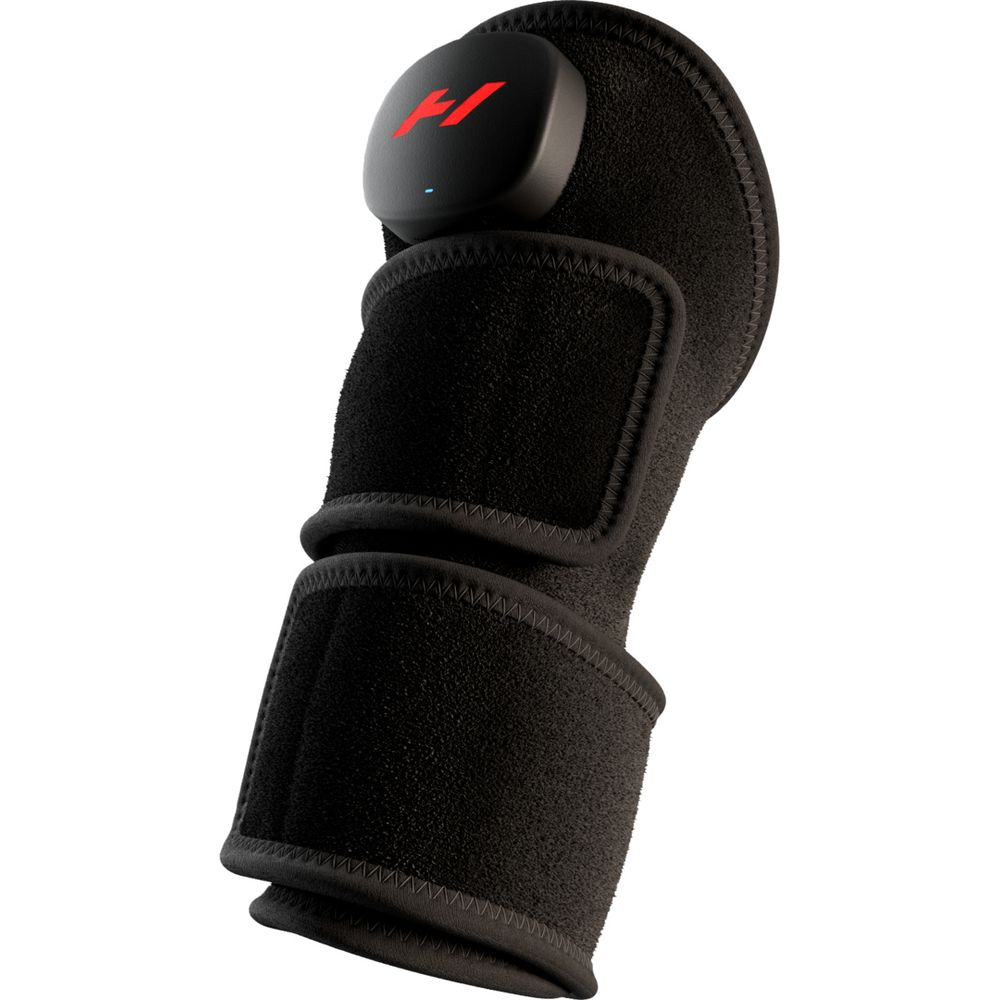 Schwarzer Knie-/Ellenbogenwickel mit rotem Logo und schwarzem Sensor.