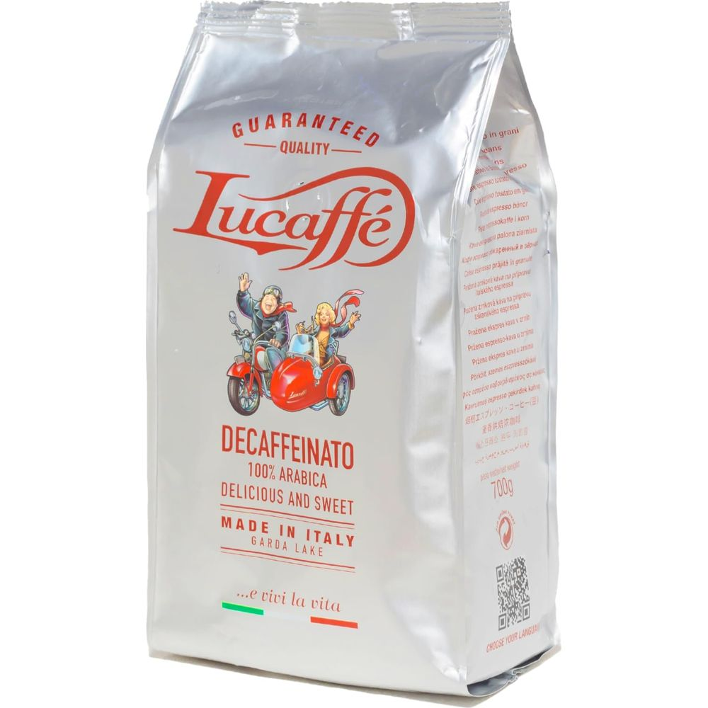 Silberne Packung Lucaffe Decaffeinato 100% Arabica Kaffee mit Grafik eines Motorrads mit Beiwagen.