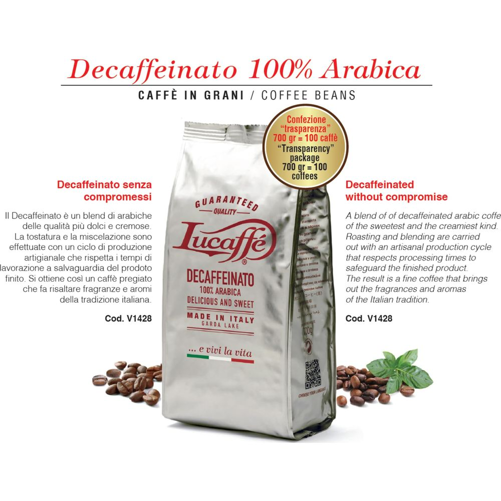 Eine Packung Lucaffé Decaffeinato 100% Arabica Kaffee mit Bohnen und Kräutern.