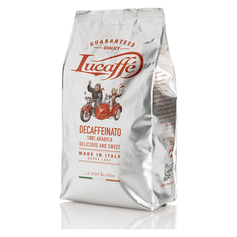 Silberne Packung Lucaffé Decaffeinato Kaffee mit Illustration einer Fahrt im Beiwagen.