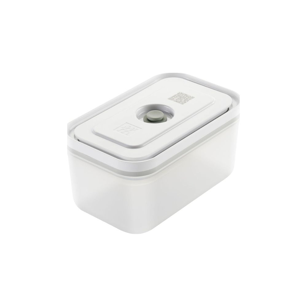 Biały pojemnik do przechowywania z szarym zaworem na pokrywie.