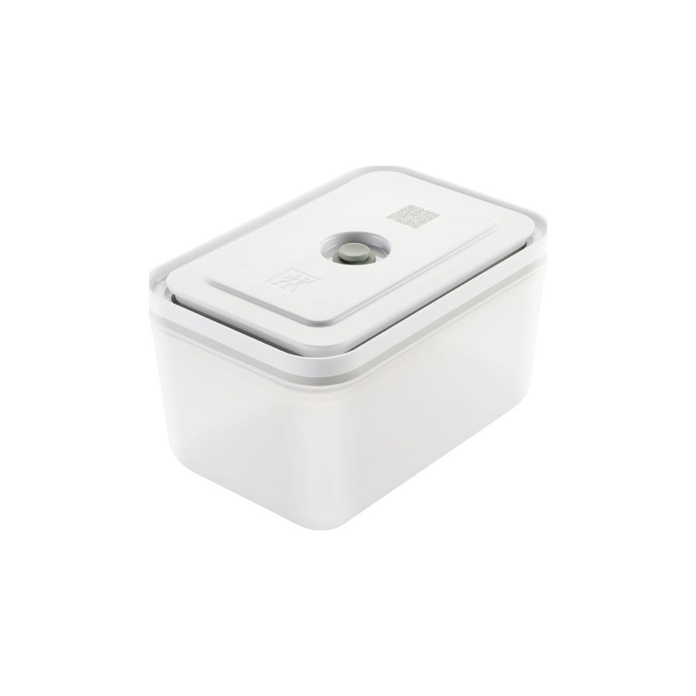 Biały prostokątny pojemnik z białym wieczkiem i szarym przyciskiem.