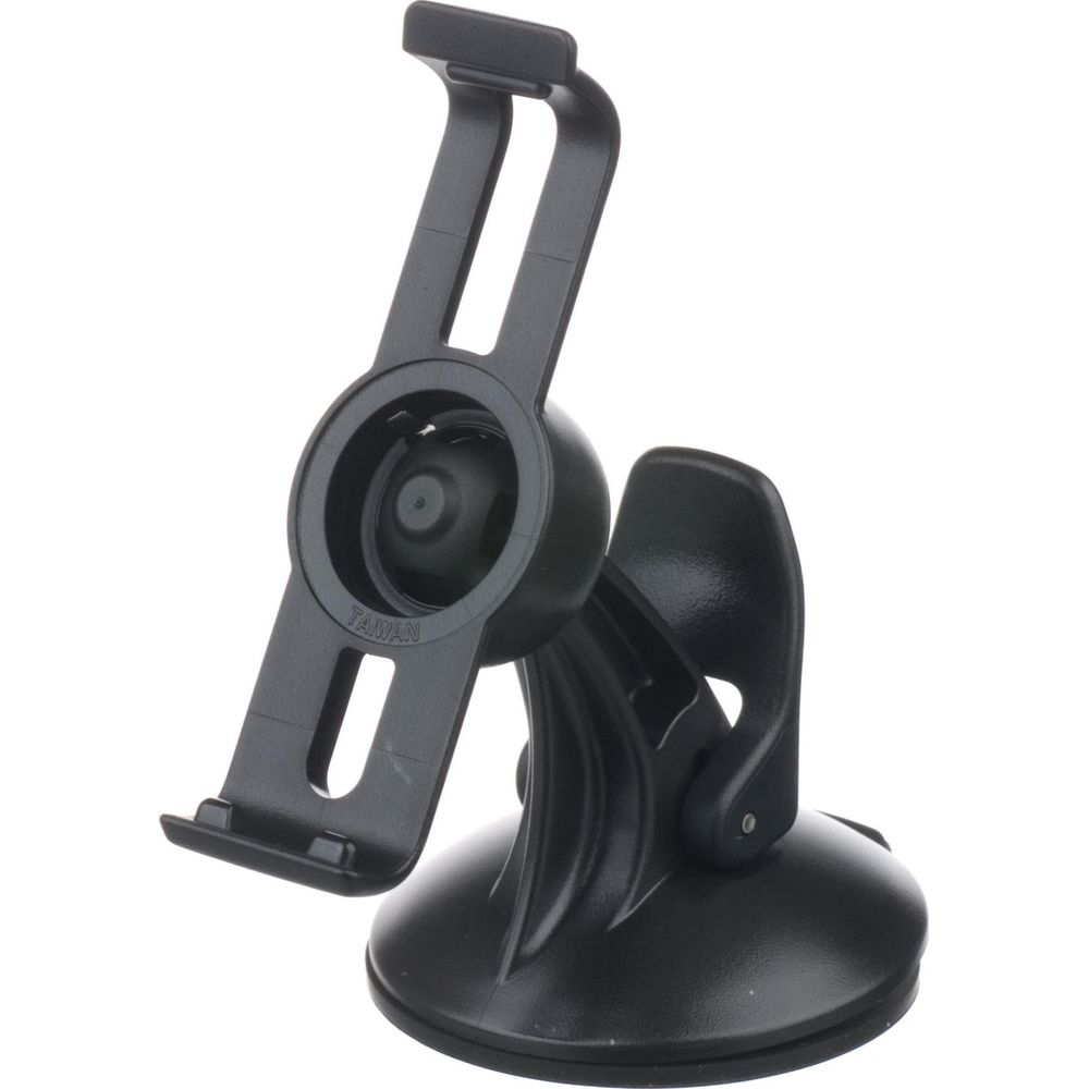 Czarny plastikowy uchwyt GPS z podstawą na przyssawkę, regulowanymi ramionami i przegubem kulowym.