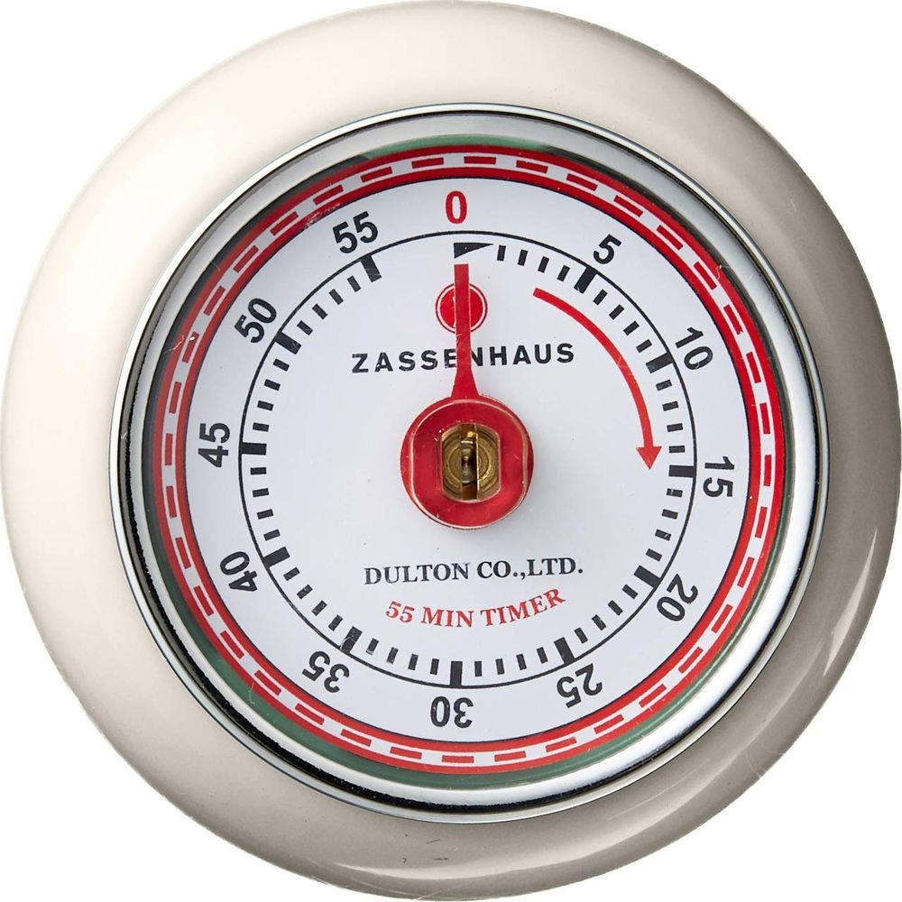 Ein runder, weißer Küchentimer von Zassenhaus mit roten Akzenten und einer Skala von 0-55 Minuten.
