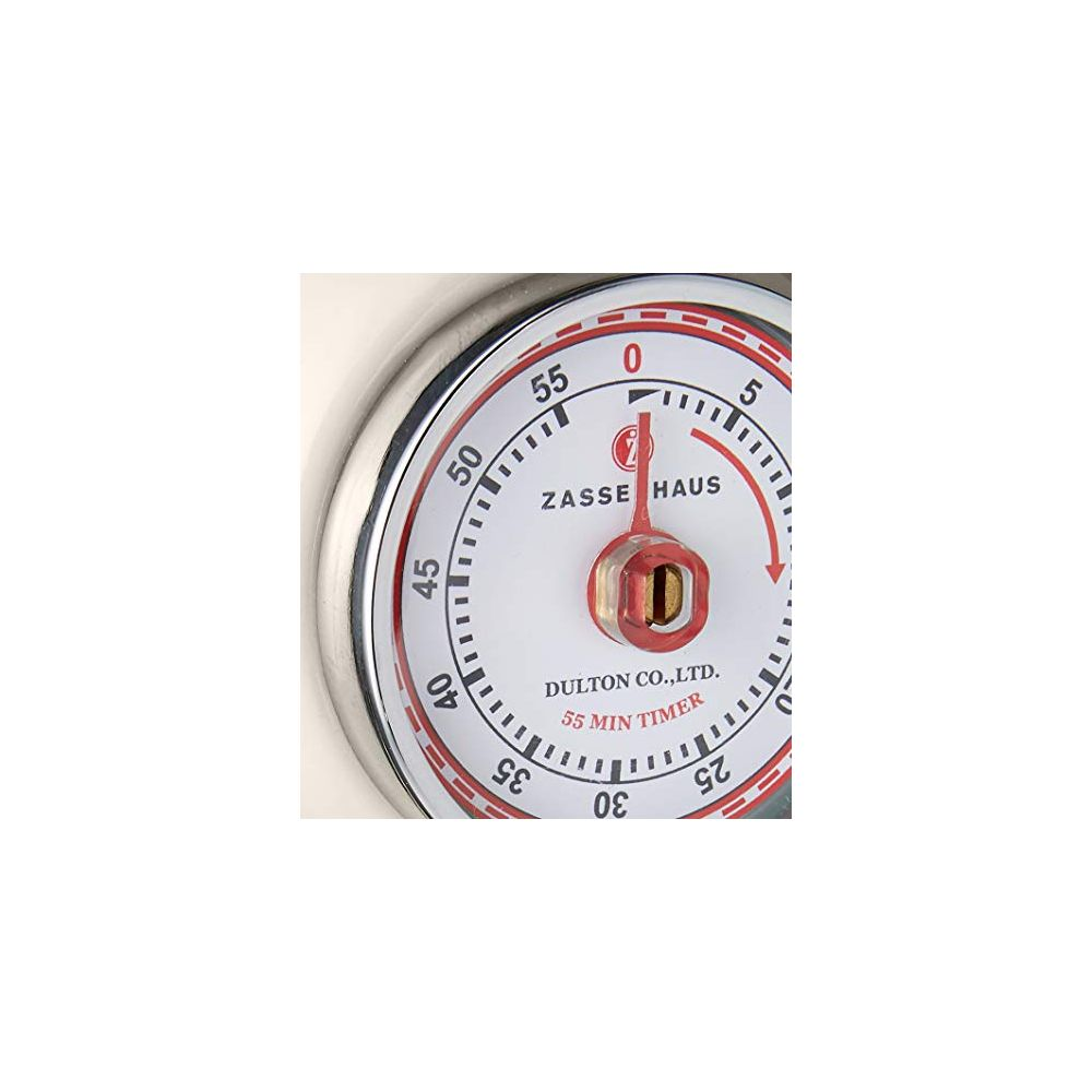 Ein weißer Timer mit roter Markierung und silbernem Rand.
