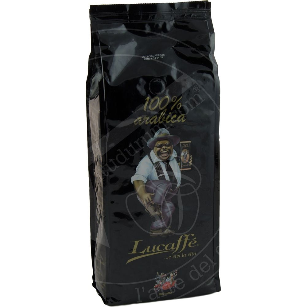 Sacchetto di caffè nero con scritta 100% arabica e illustrazione uomo.