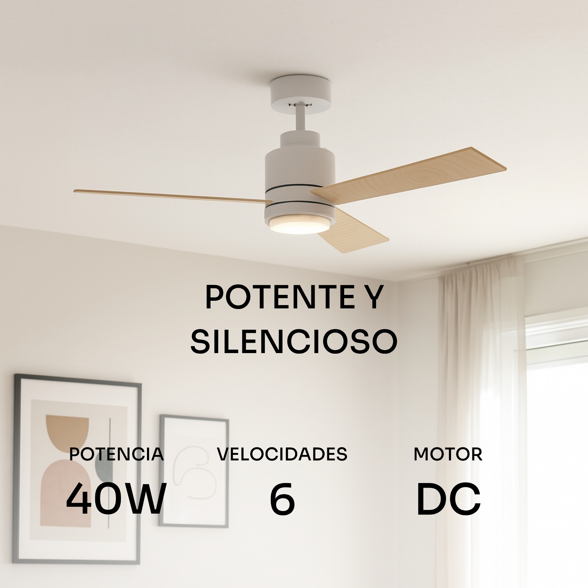 Ventilador de techo moderno con aspas de madera, luz y detalles técnicos.