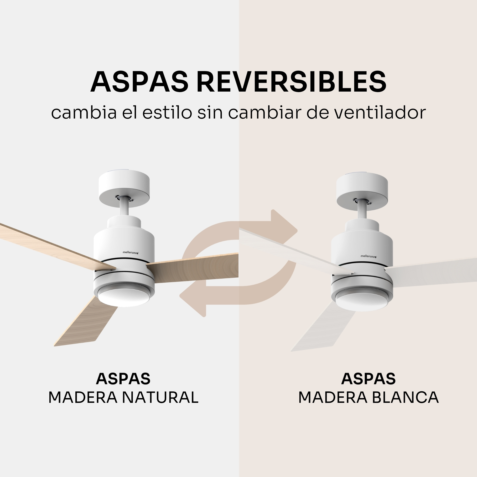 Ventilador de techo con aspas de madera natural y blancas. Mellerware.