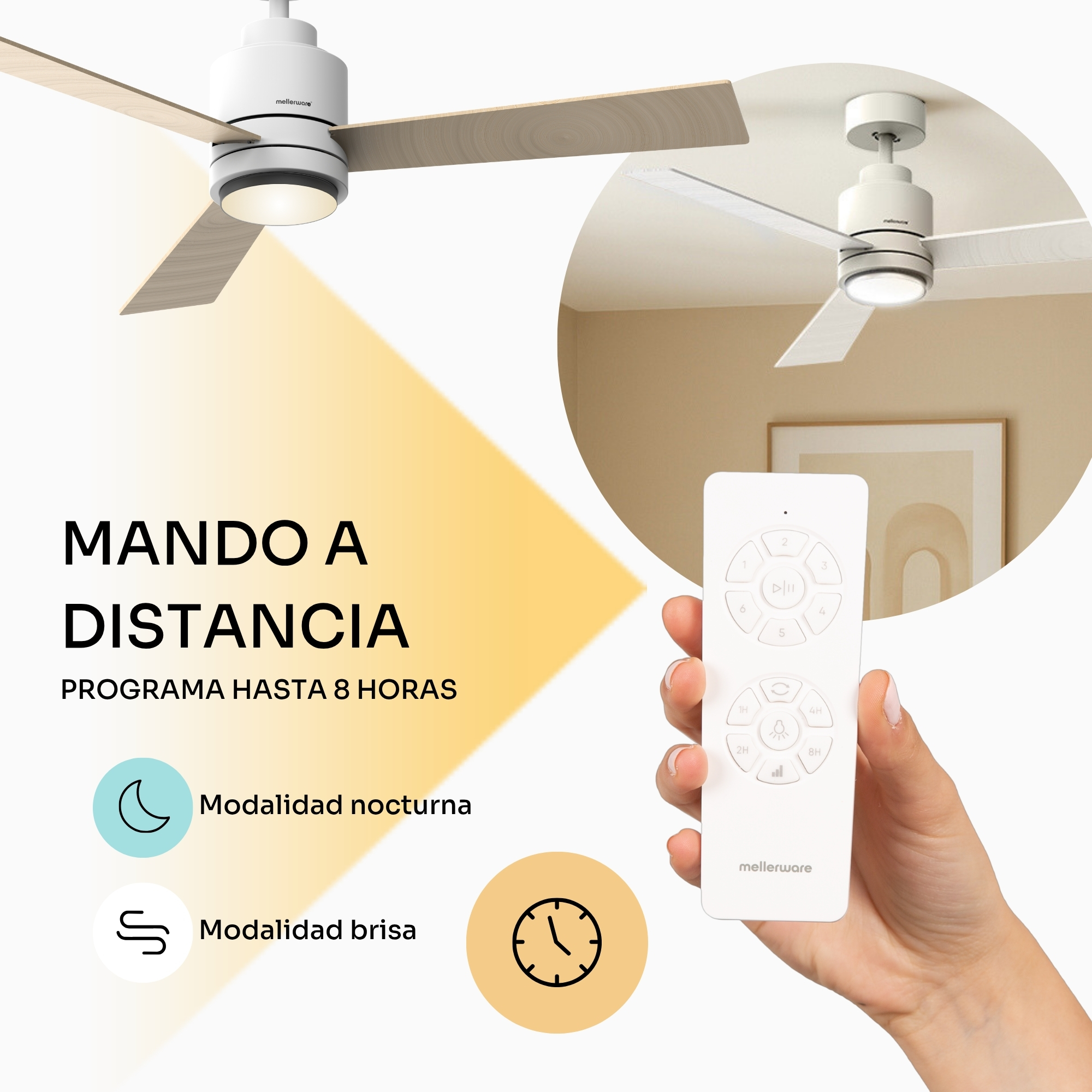 Un mando a distancia de ventilador de techo blanco con botones, mostrando un ventilador.