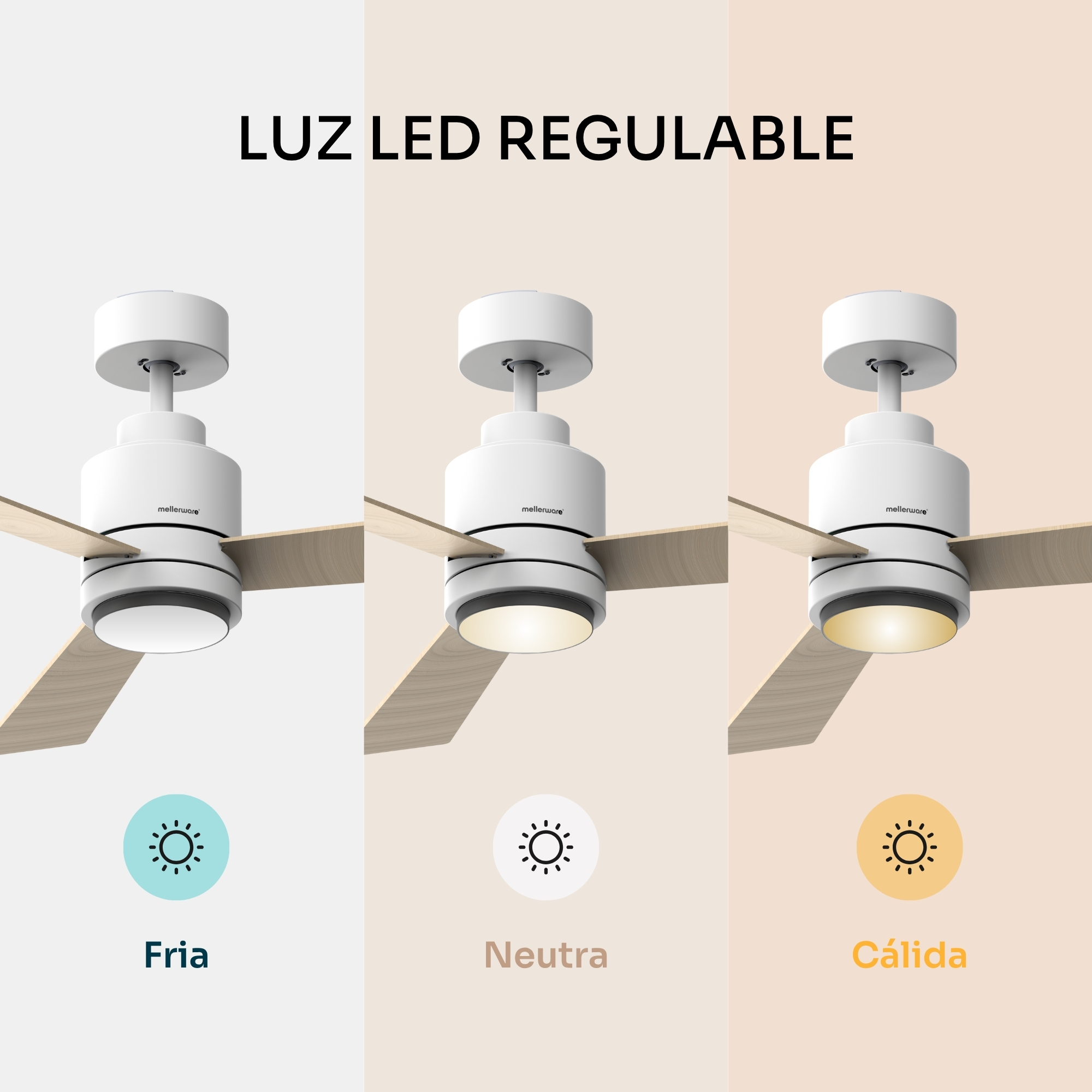 Ventilador de techo con luz LED en tres temperaturas de color: Fría, Neutra, Cálida.