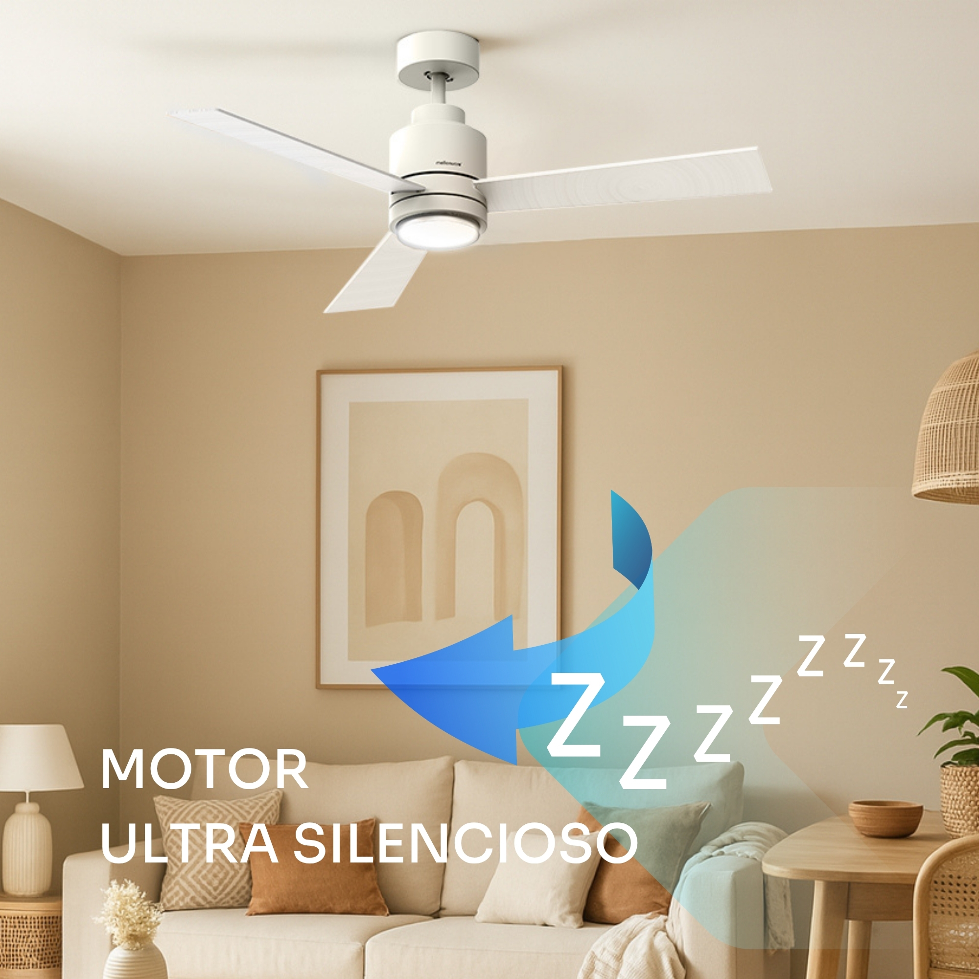Un ventilador de techo blanco con luz sobre un sofá, con símbolos Zzz.