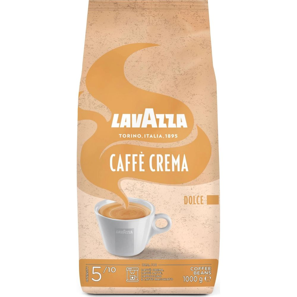 Lavazza Caffe Crema Dolce Kaffeebohnen-Verpackung mit einer Tasse Kaffee.