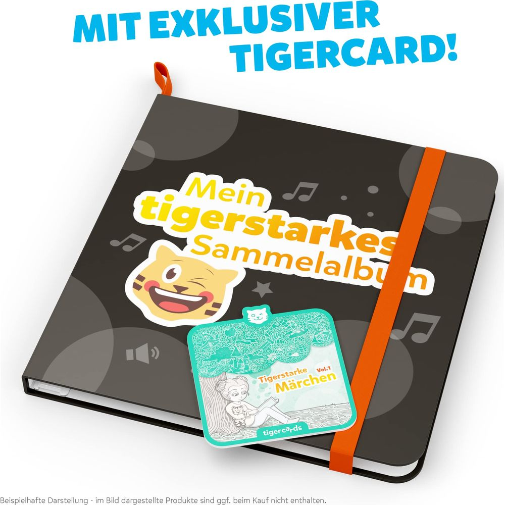 Ein schwarzes Sammelalbum mit einem Tiger-Sticker und einer Märchen-Karte.