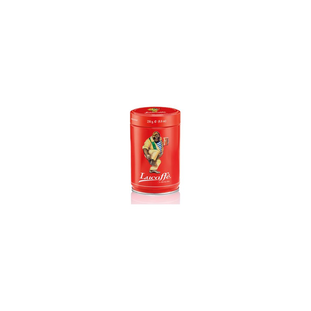 Lattina rossa con logo Lucaffé e figura di uomo a cartone animato.