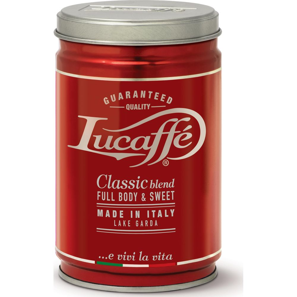 Una lattina di caffè Lucaffe rossa con coperchio argentato e testo.