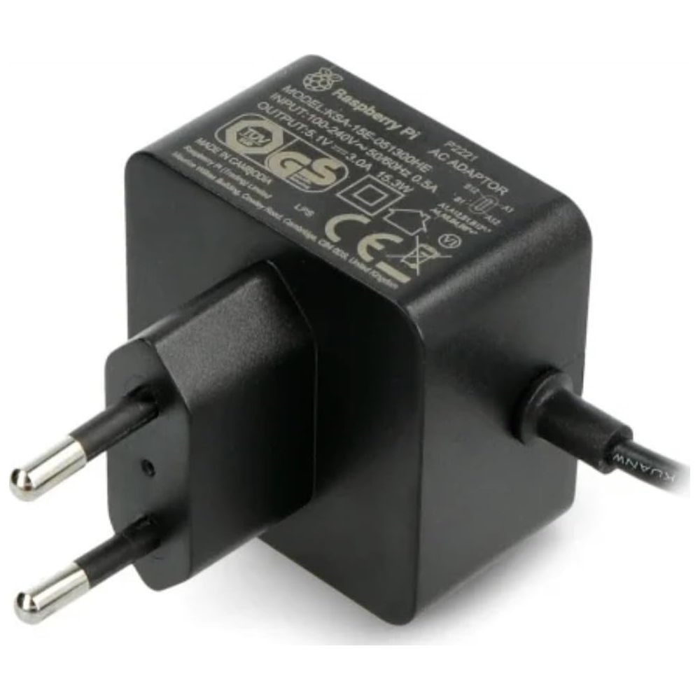 Alimentatore Raspberry Pi nero con due pin metallici e cavo.