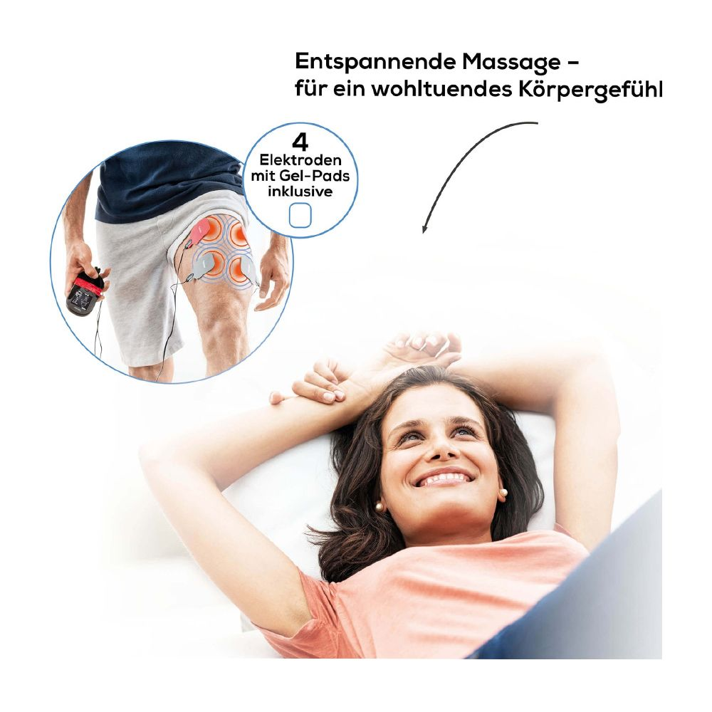 Hombre con electrodos EMS en muslo, mujer relajándose. Incluye 4 almohadillas.