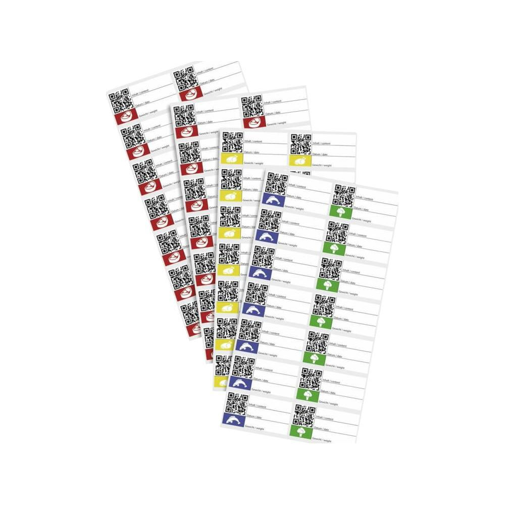 Multiple sheets of stickers with QR codes and icons on a white background.
