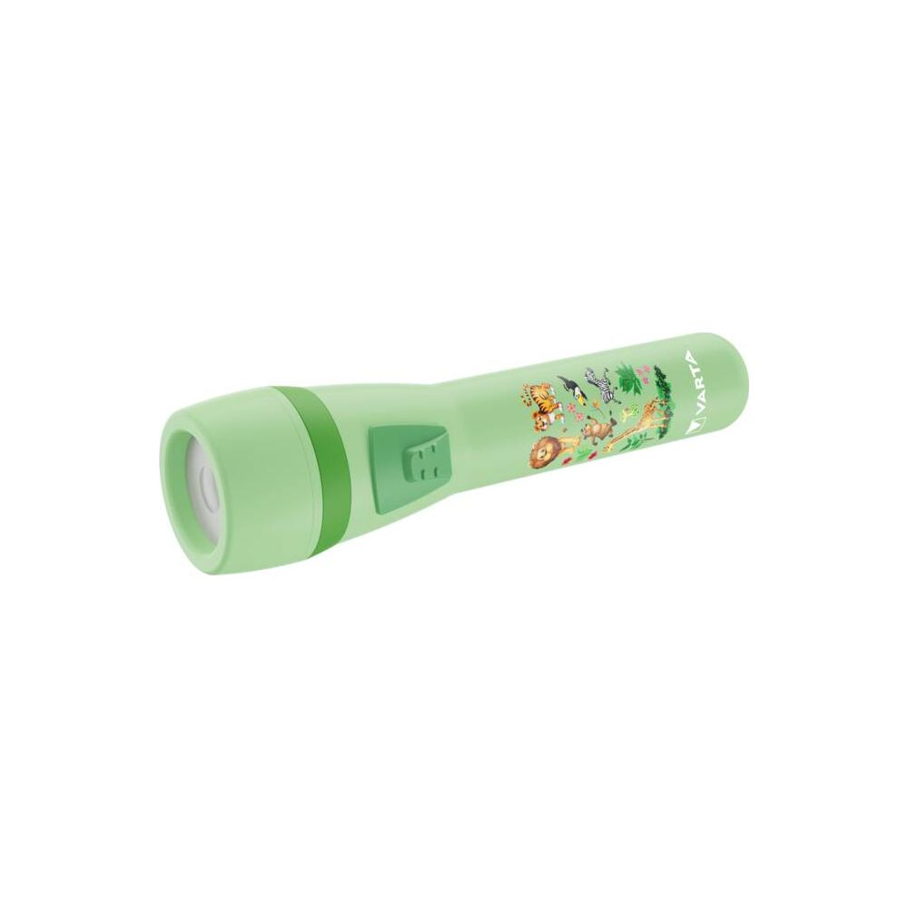 Une lampe de poche verte avec des animaux de la jungle et logo Varta.