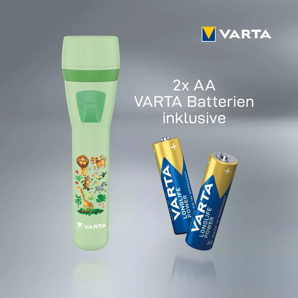 Lampe Varta verte à motifs d'animaux, 2 piles Varta AA.